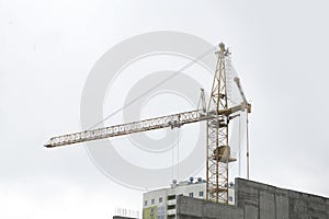 Tower crane on white sky background.