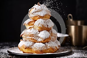 a tower of cream puffs with a dusting of powdered sugar