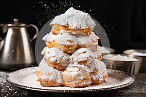 a tower of cream puffs with a dusting of powdered sugar