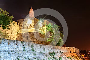 Tower of David and evening street at Jerusalem Old City, Israel.