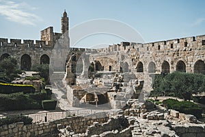 Tower of David or Jerusalem Citadel. Jerusalem, Israel. Courtyard, behind a high stone wall. Sightseeing in the Old town