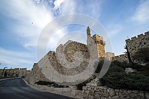 Tower of David or Jerusalem Citadel. Jerusalem, Israel. Courtyard, behind a high stone wall. Sightseeing in the Old town of