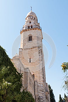 The Tower of David over the Tomb of King David in Dormition abbey in the Old City of Jerusalem, Israel