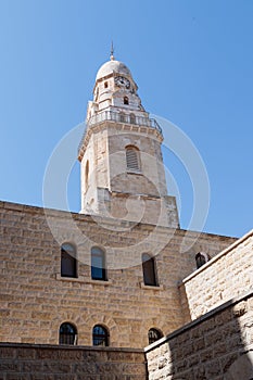 The Tower of David over the Tomb of King David in Dormition abbey in the Old City of Jerusalem, Israel