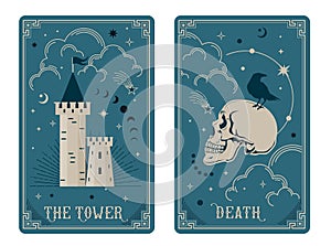 The tower and death tarot card illustration fortune telling