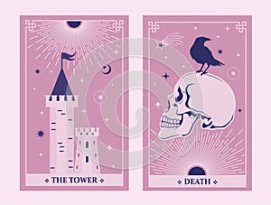 The tower and death tarot card illustration fortune telling occult mystic esoteric.