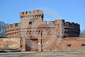 Tower of `Der Wrangel` Wrangel Tower against the background of the blue sky. Kaliningrad