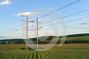 Tower with electric power lines for transfering high voltage electricity located in agricultural cornfield. Delivery of