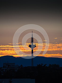 The Tower of Europe, Europaturm, at sunset in Frankfurt, Germany photo