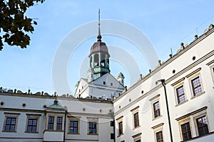 Tower and facade of the Ducal Castle in Szczecin, Poland, former seat of the dukes of Pomerania-Stettin, blue sky with copy space