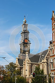Tower of the famous Western church in Amsterdam, the Netherlands
