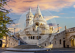 Tower of Fisherman Bastion at sunrise, Budapest, Hungary