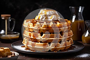 Tower of fluffy golden brown Belgian waffles with drizzle of maple syrup, dollop of whipped cream. AI generated