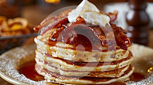 A tower of fluffy pancakes topped with mapleglazed bacon and a dollop of whipped cream photo