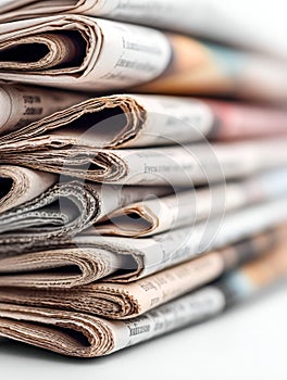 Tower of folded newspapers showcasing print media in a close-up shot