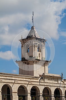 Tower of the former town council cabildo on Plaza 9 de Julio square in Salta, Argentin