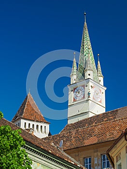 Tower of the Fortified Church in Medias, Romania.