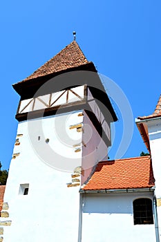 Tower of the fortified medieval saxon church in the village Veseud, Zied , Transylvania,Romania