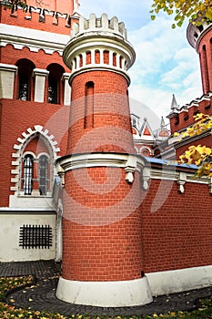 Tower on the fortress wall of the Petroff palace, Moscow, Russia.