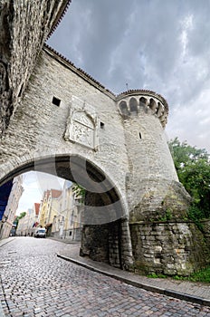 Tower and gate in the old medieval city of Tallinn, Estonia.
