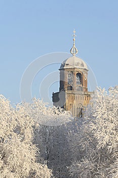 The tower of the Great Church in the city of Deventer, the Netherlands, towering above snow covered trees