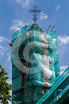 Tower of the Greek Catholic Church in scaffolding