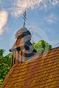 The tower of Greek Catholic wooden Church of the relics of St. Nicholas the Bishop in Ruska Bystra