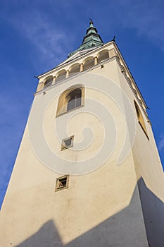 Tower of the historic cathedral in the center of Zilina