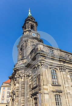 Tower of the historic Kreuzkirche church in Dresden