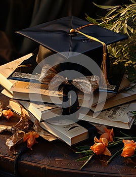 A Tower of Knowledge: A Graduation Cap Perched on a Stack of Books