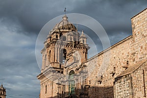 Tower of La Compania de Jesus church on Plaza de Armas square in Cuzco, Per