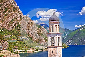 Tower in Limone sul Garda and lake cliffs view