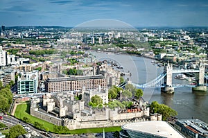 Tower of London and an aerial view of the Tower Bridge