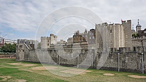 Tower of London in London, England, wide view of outer curtain wall