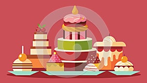 A tower of luscious pastries including macarons petit fours and profiteroles all beautifully decorated.. Vector photo