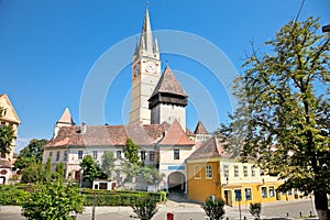 Tower of lutheran church in Medias, Transylvania, Romania photo