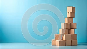 Tower made of cardboard boxes. Blue background. Copy space