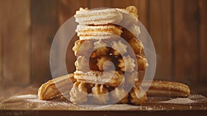 A tower made of churros on a rustic wooden background. Churros are a type of fried dough pastry, often covered in sugar and can be