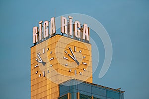 Tower of main railstation building at sunset in Riga, Latvia