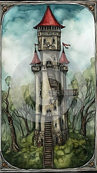 The Tower. Major Arcana Tarot Card created with generative AI technology