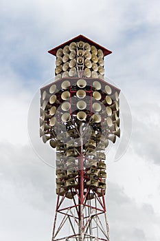 The tower with many amplified speakers