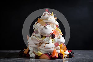 a tower of meringues, stacked high with macerated fruit in between