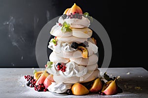 a tower of meringues, stacked high with macerated fruit in between