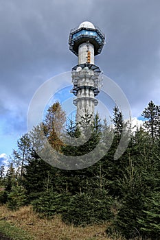 Tower of meteorologic radar with white dome on the top photo