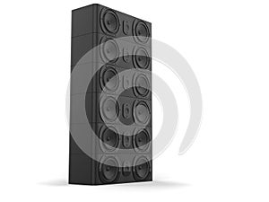 Tower of modern matte black music speakers stacked on top of each other