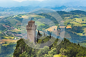 Tower Montale, Republic San Marino. Aerial top view of landscape valley and hills of suburban district
