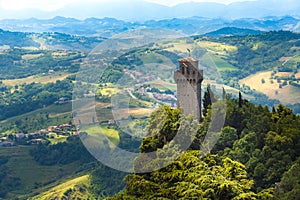 Tower Montale, Republic San Marino. Aerial top view of landscape valley and hills of suburban district