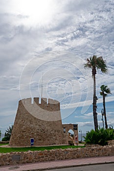 The tower of the Moor or Cabo Cervera at Cabo Cervera in Torrevieja, Alicante. Valencian Community. Spain. July 15, 2021