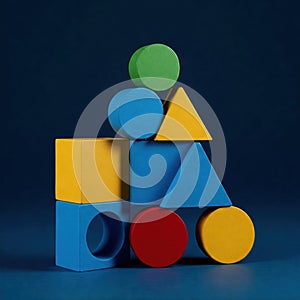 Tower of multi-colored geometric shapes on a blue background.