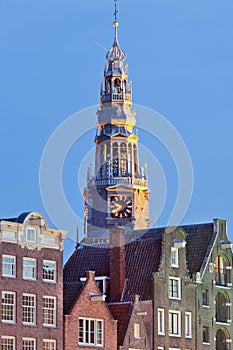 Tower of `old Church` Amsterdamâ€™s oldest building and parish church, consecrated in 1306 by bishop of Utrecht, Amsterdam